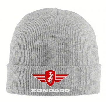 Zündapp Strickmütze – Klassisches Design in Grau mit Rot Weißem Zündapp-Flügellogo und Schriftzug